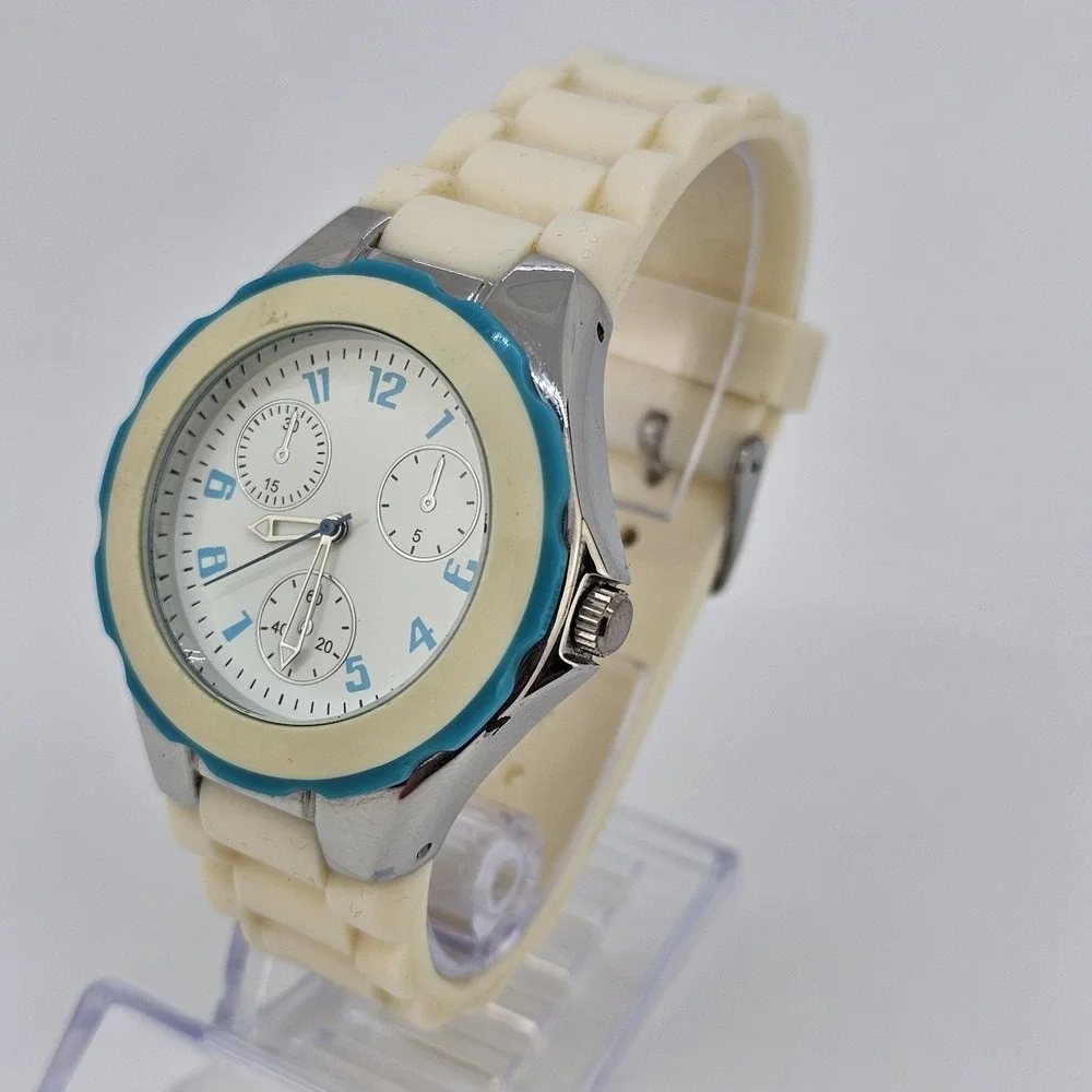 Unisex Analog Watch 40MM White Dial Cream Plastic Bands New Battery‎
